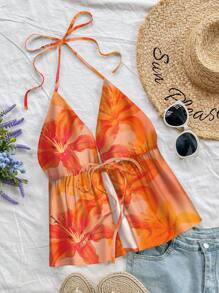 Soleia Orange Lily Tie Dye Gradient Print Backless Halter Neck Casual Tank Top, Vacation Style, Suitable For Summer - Orange - View 5
