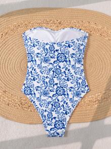 Swim Vcay Springbreak Women Random Print Ruched Bandeau One Piece Swimsuit, Vacation Beach For Summer - Blue and White - View 5