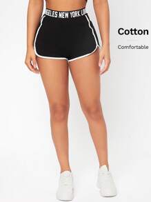 SHEIN PETITE Letter Tape Contrast Binding Shorts - Black - View 5