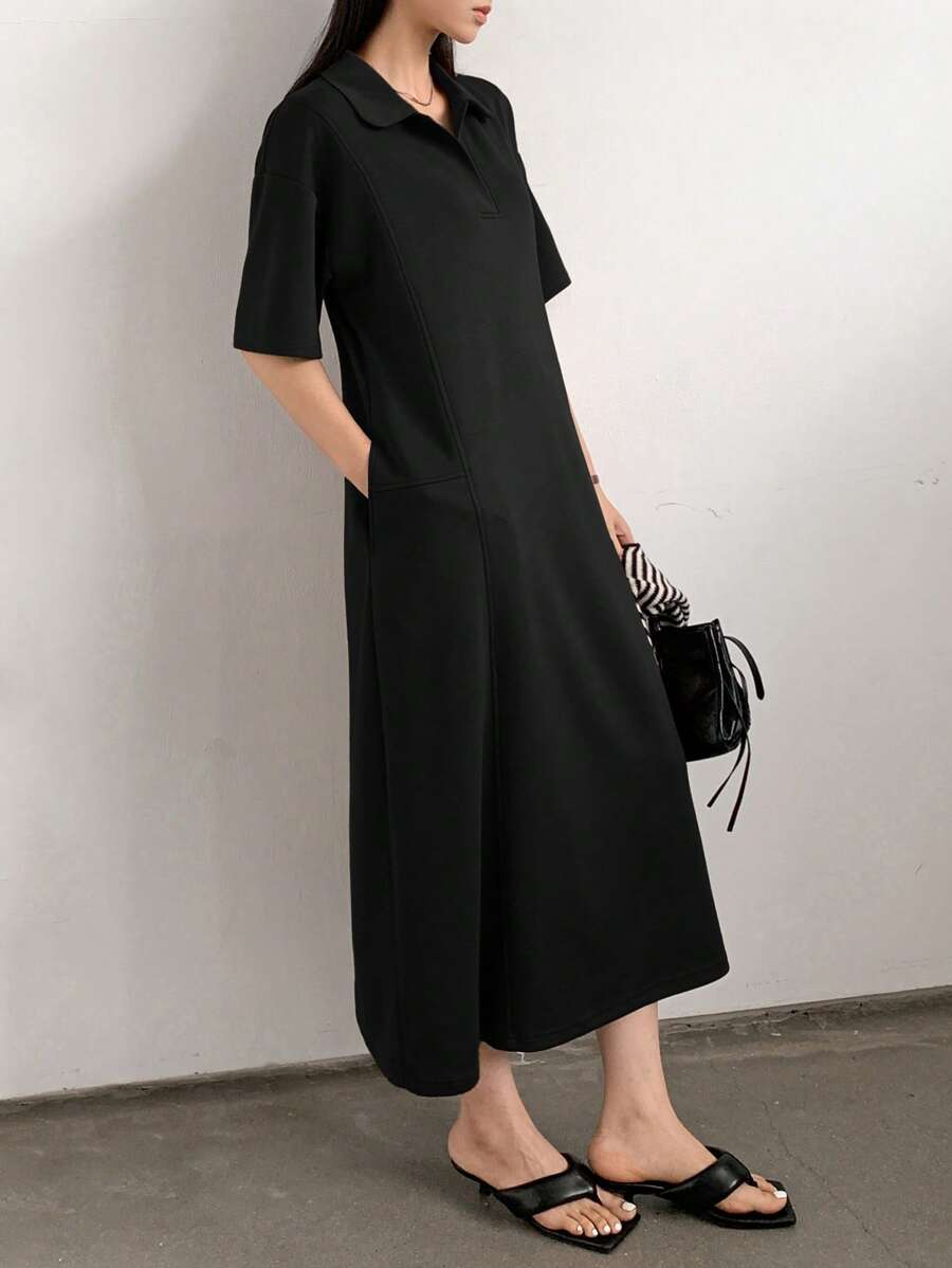 Dazy-Less Đầm công sở dáng suông rộng rãi, cổ bẻ, dài ngang gối, kiểu dáng cổ điển, thích hợp cho nữ, mùa hè, kiểu áo sơ mi, đồng phục giáo viên. - màu đen - Xem 1
