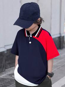 Tween Boys' Casual Color Block Patchwork Polo Shirt With Flat Collar, Short Sleeve, Suitable For Autumn, Spring, Summer, Outdoor Play, School, Street Snap, Party And Casual Home Wear