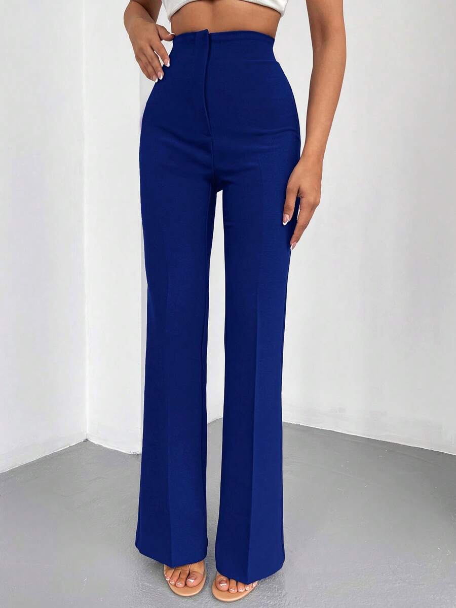EURMUSE Solid High Waist Flare Leg Pants - Navy Blue - View 1