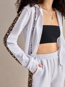 SHEIN Tall Set di felpa con cappuccio e pantaloni della tuta in cotone con stampa leopardata e blocchi di colore, con laccetti, per taglie petite