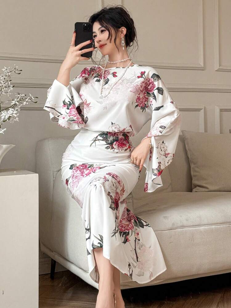 2pcs Set Women Floral Print Chiffon Outfit,Ruffle,Fall Women Clothes Easter