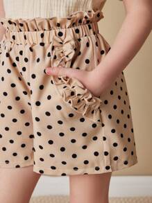 SHEIN Young Girls' French Elegant Apricot Base Floral Print Woven Shorts, Spring/Summer - Black and White - View 7