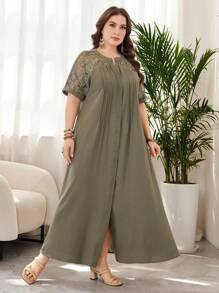 Lacomfia Plus Size Long Sleeve Solid Color Lace Patchwork Arabic Style Dress - Green - View 6