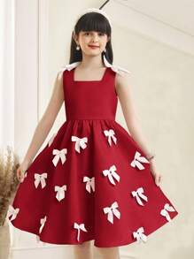SHEIN Tween Girl Elegant Sleeveless Color Block Bowknot Midi Dress - Red - View 1
