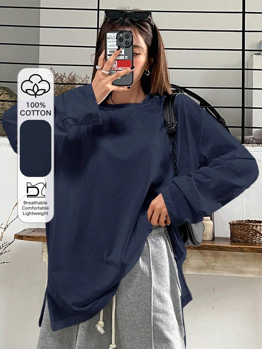 DAZY Split Hem Drop Shoulder Tee,Fall Clothes Long Sleeve Women Tops - Navy Blue - View 1