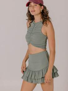Aralina Women's Casual Solid Color Ruched Crop Tank Top & Ruffled Hem Skirt 2 Pieces Set - Olive Green - View 1