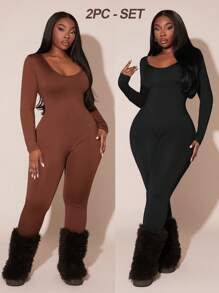 SHEIN SXY 2pcs/Set Plus Size Women's Deep V-Neck Long Sleeve Jumpsuit - Black - View 2