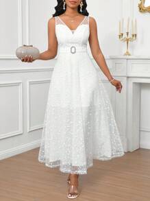 SHEIN Lady Vestido midi de mujer de cuello en V sólido blanco