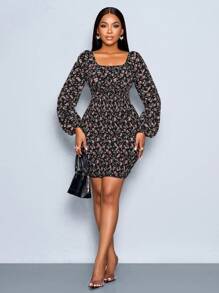 SHEIN LUNE Allover Floral Shirred Bodycon Dress - Multicolor - View 3