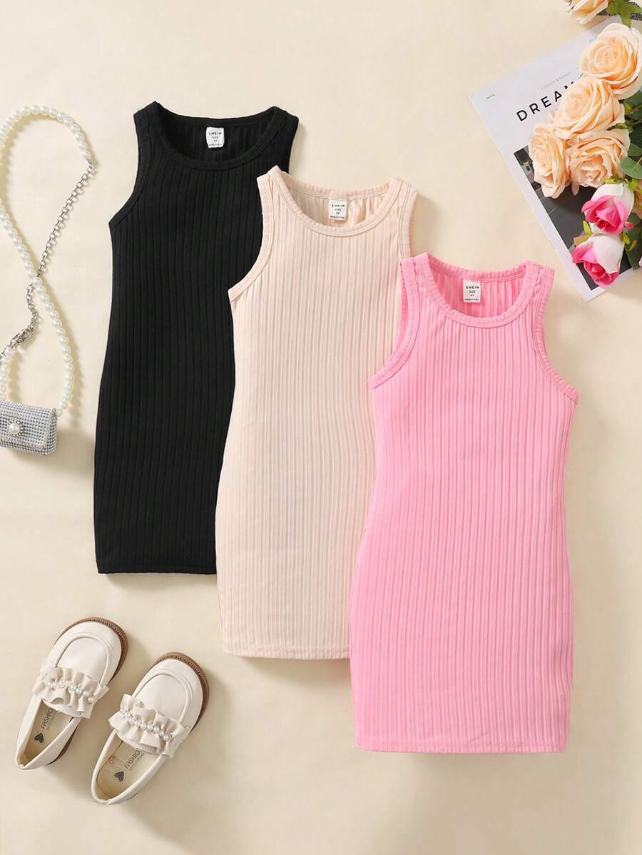 SHEIN Abito casual di moda per giovani ragazze, monocolore, con collo rotondo, senza maniche, attillato. Offerta: acquista 1 e ne ricevi 3