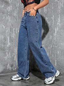 SHEIN PETITE Jeans rectos de ajuste relajado lavados de manera informal