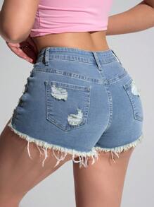 SHEIN ICON Casual Distressed Frayed Hem Denim Shorts