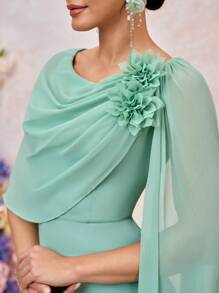 SHEIN Belle Elegant And Romantic Bean Green One-Shoulder Swing Collar Gathered Stitching Large Floating Piece Three-Dimensional Flower Slim Fishtail Hem Suitable For Wedding Events Dating Vacation Bridesmaid Dress