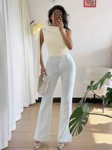 Elegant Round Neck Pleated Sleeveless Women Blouse - Apricot - View 5