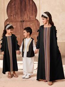 SHEIN Leap Crew Tween Girls' Loose Casual Square Neck Mixed Pattern Long Sleeve Dress - Black - View 5