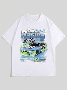 Manfinity EMRG Men's Letter & Car Graphic Round Neck Casual Loose Short Sleeve T-Shirt Racing Shirt - White - View 3