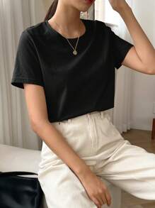 DAZY Solid Round Neck Tee - Black - View 4