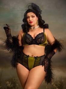 PinupGlam Vintage Palast-Satin-Spitzen-Große Größen-BH & Drahtloser BH