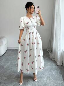 Modelyn A-Line Waist Cinching Floral Print Short Sleeve Dress, Spring/Summer - Red - View 3