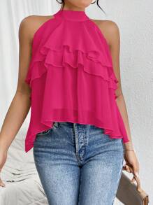 SHEIN Privé Blusa de gasa holgada con volantes y bajo asimétrico - Rosa Fucsia - Ver 4