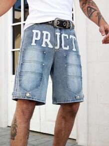 ROMWE MEN Street Life Men's Letter Embroidered Multi-Pocket Denim Shorts - Baby Blue - View 3