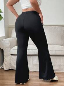 Solflare 2 Packs Plus Size Flared Pants For Women, Stretchy Black Bell Bottoms With Lettuce Hem - Black - View 2