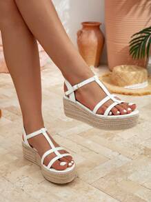 Styleloop Sandalias de cuña de lona con cordones de estilo bohemio para mujer - Blanco - Ver 2