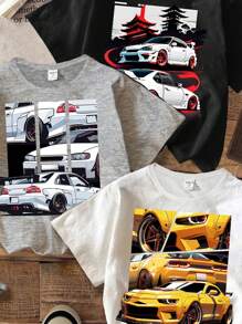 SHEIN 3pcs/Set Racing Car, Young Boy Casual Minimalist Style Round Neck Short Sleeve T-Shirt, Suitable For Summer, School, Campus, College - Multicolor - View 3