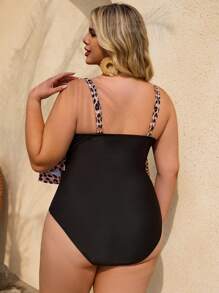 SHEIN CURVE+ 大码女式豹纹荷叶边连体泳衣，性感海滩度假休闲连体泳衣