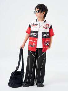 SHEIN Tween Boys 春夏撞色绑带抽绳口袋宽松休闲运动裤，长款街头时尚超大拼色运动裤