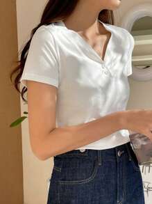 DAZY 女士纯色半扣T恤、短款上衣 - 白色 - 查看 7