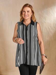 EMERY ROSE New French Stylish Elegant Loose Fit Vertical Striped Single-Breasted Asymmetrical Hem Patchwork Color Women Sleeveless Top - Black - View 1