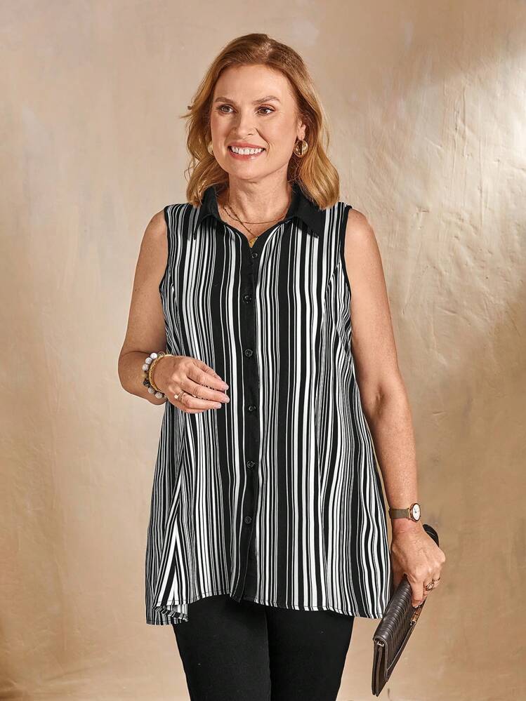 EMERY ROSE Nueva blusa de mujer con estilo francés elegante, corte holgado, de rayas verticales, de un solo botonadura, bajo asimétrico y parches de colores - Negro - Añade 1