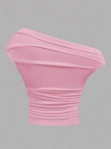 Girlism Teen Girls' Pink Ruched Shoulder Gathered Waist Fitted Knit Asymmetrical Shoulder Sleeveless T-Shirt, Versatile & - Pink - View 2