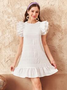 SHEIN Robe décontractée pour adolescentes en mousseline de soie, à manches à volants et motif jacquard unicolore