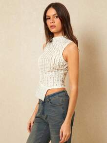 Poéselle Women's Elegant Off-White Textured Stand Collar Asymmetric Hem Fitted Tank Top,Summer Knit Top For Brunch,Effortless Style Everyday Wear - Apricot - View 6