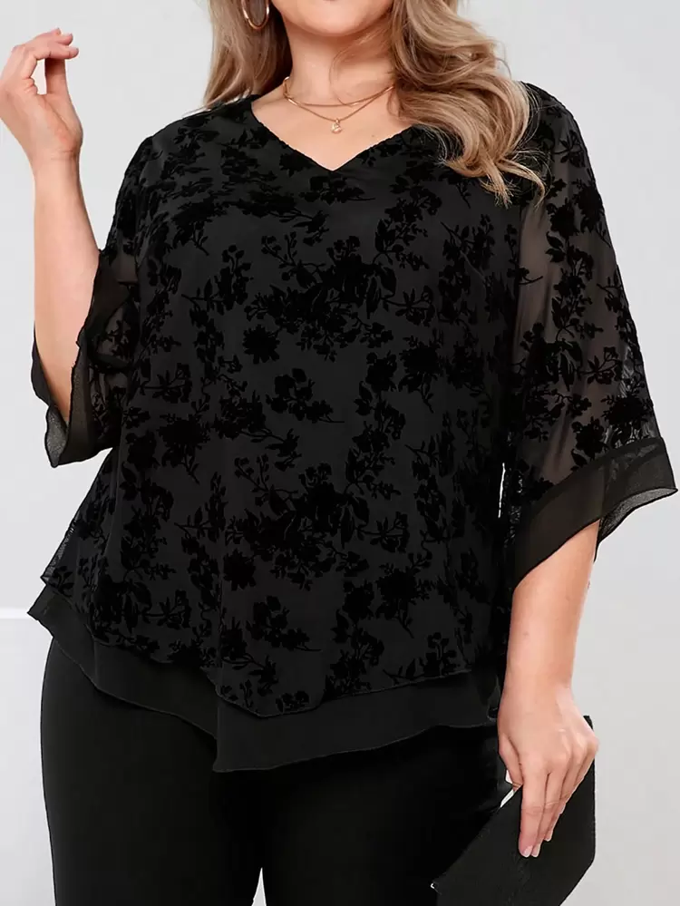 Plus Size Elegant Floral Flocked & Mesh Blouse Spring For Women Bridal Shower Elegant Chiffon