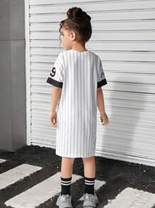 Wildeya Mädchen American Street Style Lässiges Baseball-Team gestreiftes Ziffern-Muster Rundhals Kurzarm Kurzes Kleid