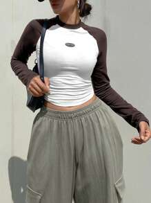 DAZY 女式撞色字母印花插肩长袖 T 恤，春夏