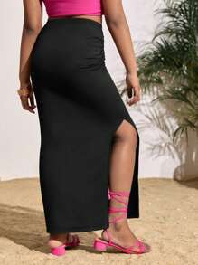 SHEIN Tween Girls' Solid Black Knitted Snug Fit High Slit Skirt