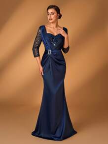 Serin Elegant And Gorgeous Navy Blue Lace Sequins Stitched Satin Sweetheart Neckline See-Through Three-Quarter Sleeves Gathered Twist Diamond Embellished Japanese Button Fishtail Hem Suitable For Prom Dinner Party Holiday Wedding Event Mother Of The Bride Dress Evening Dress