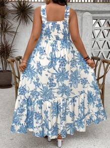 SHEIN Clasi Vestido maxi con tirantes de ajuste y volantes en el bajo con estampado floral para mujer talla grande - Azul y blanco - Ver 2
