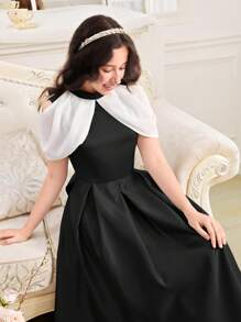 SHEIN Teen Girl Satin Stand Collar Waist-Hugging A-Line Colorblock Dress With Cap Sleeves Graduation Dress - Black - View 4