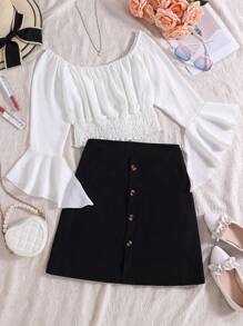 Wildeya 2pcs/Set Teenager Girls Casual & Elegant Flare Sleeve Shirt, White Blouse And Black Skirt Set, Suitable For Vacation, Leisure, School In Spring, Summer, Autumn