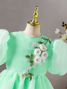 SHEIN Tween Girl Elegant Casual Versatile Puff Sleeve Midi Dress, Organza Floral Hem Decor, Suitable For Outings, Parties In Spring, Summer, Autumn, Girls' Luxury Attire, Princess Style, Wedding Season, Floral/Partial Decoration Design Young Girl Party Dress Young Girls Clothing Easter Dress - Green - View 3