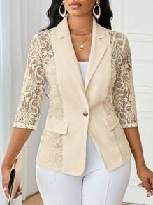 SHEIN Lady 四季白色西装女西装外套女大衣蕾丝拼接优雅秋冬套装 - 卡其色 - 查看 3