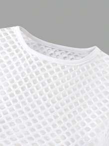 SHEIN 3pcs Tween Girls Mesh T-Shirt & Bear Graphic Tank Top & Denim Print Pants Set